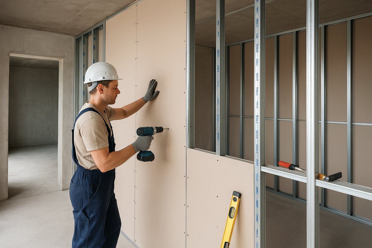 Worker fixing a gypsum board to a metal-stud partition frame in Abu Dhabi